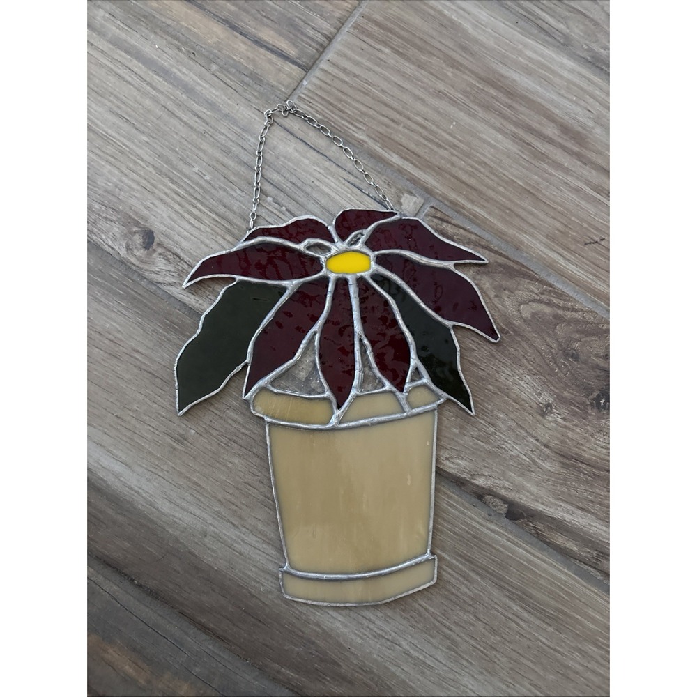 Christmas Poinsettia In Pot Stained Glass Window Hanging Suncatcher Decor